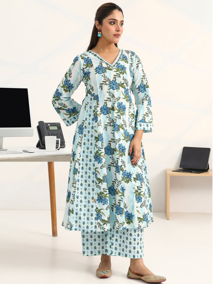 Blue Floral Printed Cotton Blend A-Line Suit Set With Dupatta
