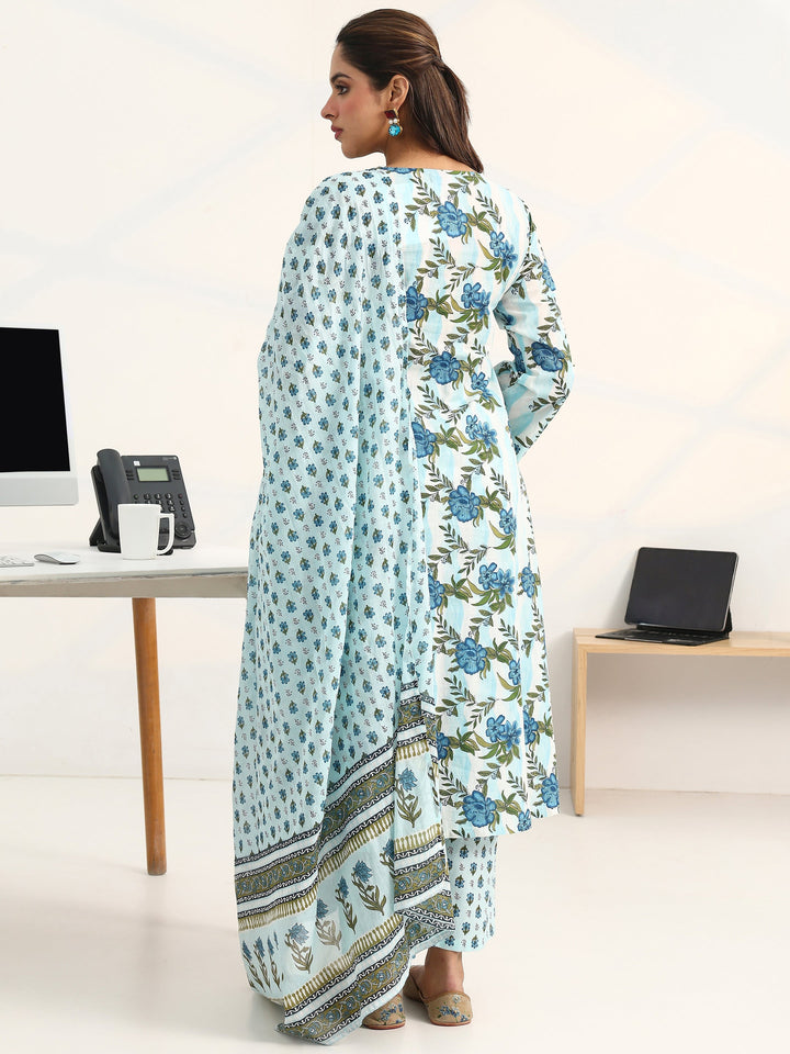 Blue Floral Printed Cotton Blend A-Line Suit Set With Dupatta