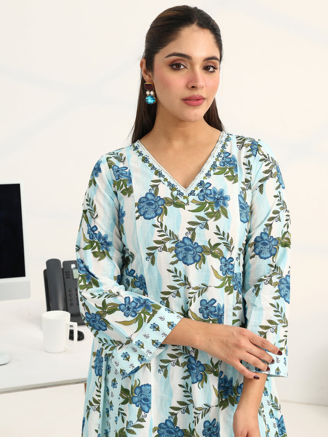 Blue Floral Printed Cotton Blend A-Line Suit Set With Dupatta