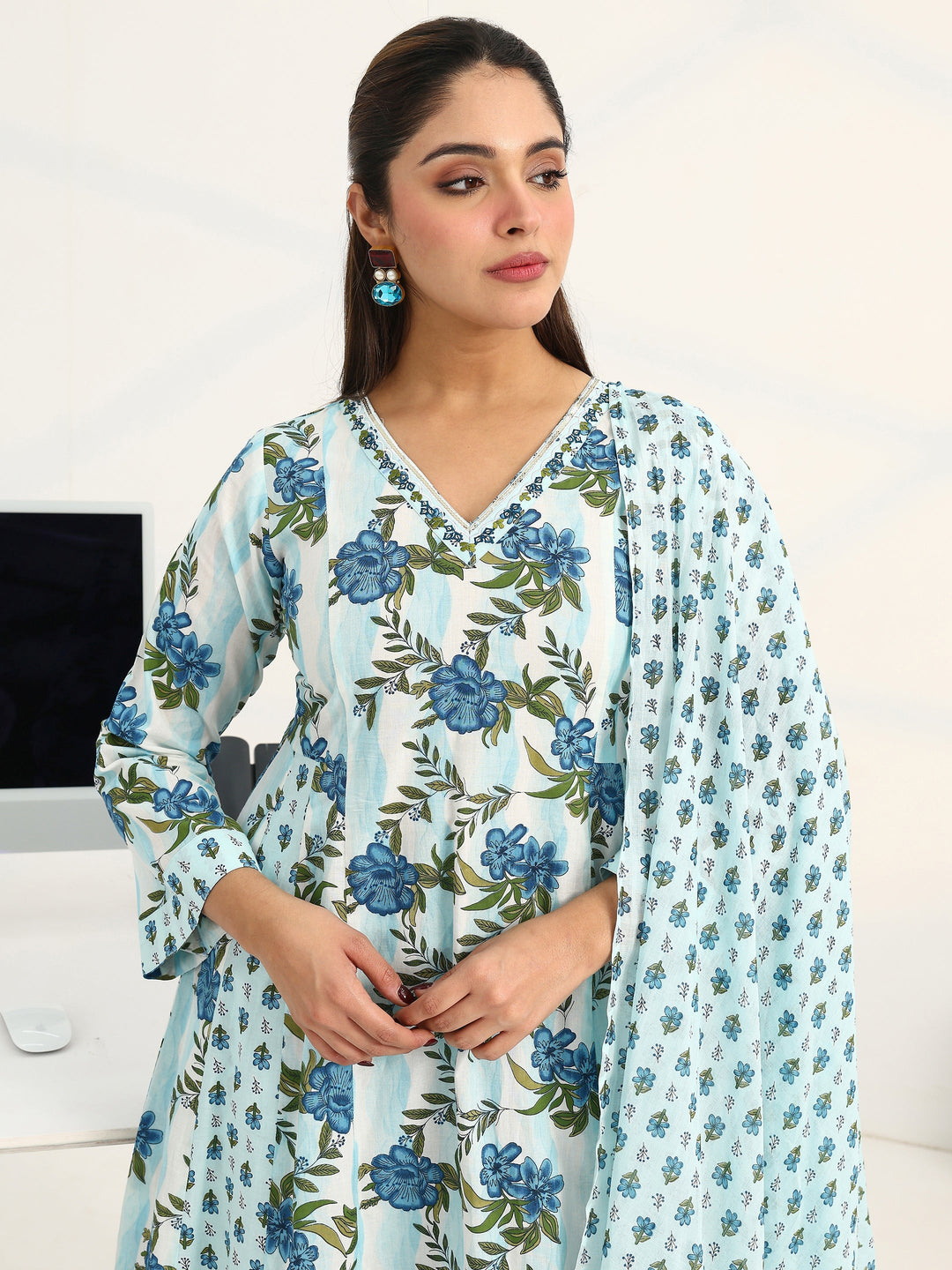 Blue Floral Printed Cotton Blend A-Line Suit Set With Dupatta