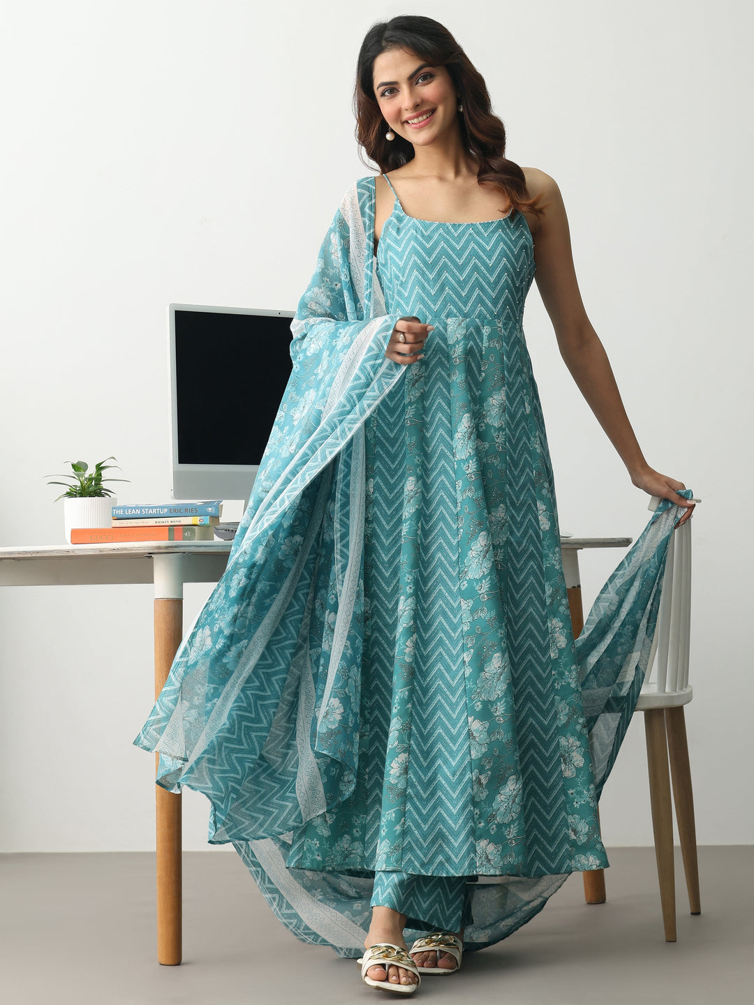 Blue Chevron Printed Cotton Blend Anarkali Suit Set With Dupatta