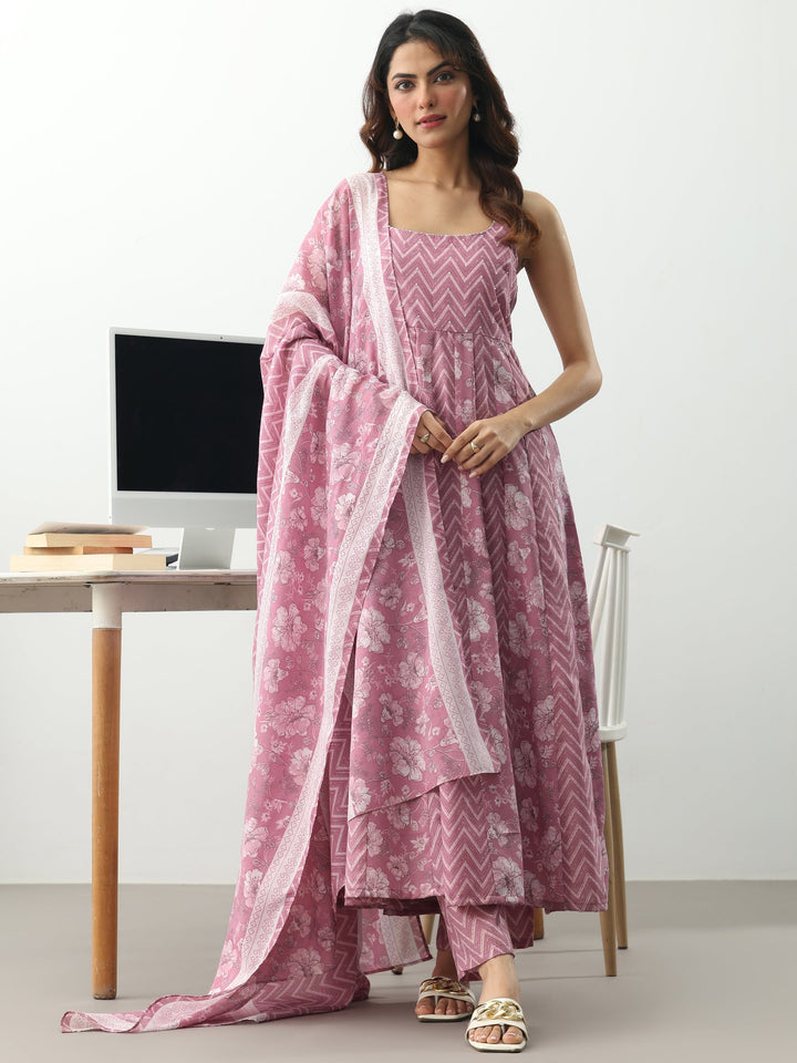Mauve Chevron Printed Cotton Blend Anarkali Suit Set With Dupatta
