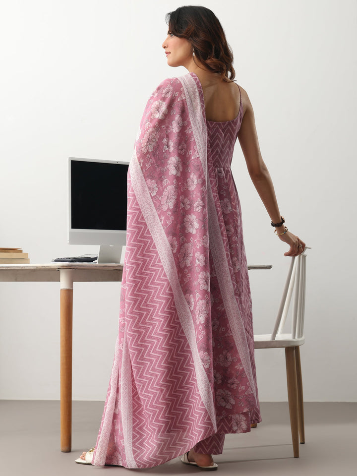 Mauve Chevron Printed Cotton Blend Anarkali Suit Set With Dupatta