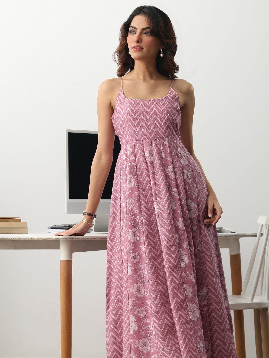 Mauve Chevron Printed Cotton Blend Anarkali Suit Set With Dupatta