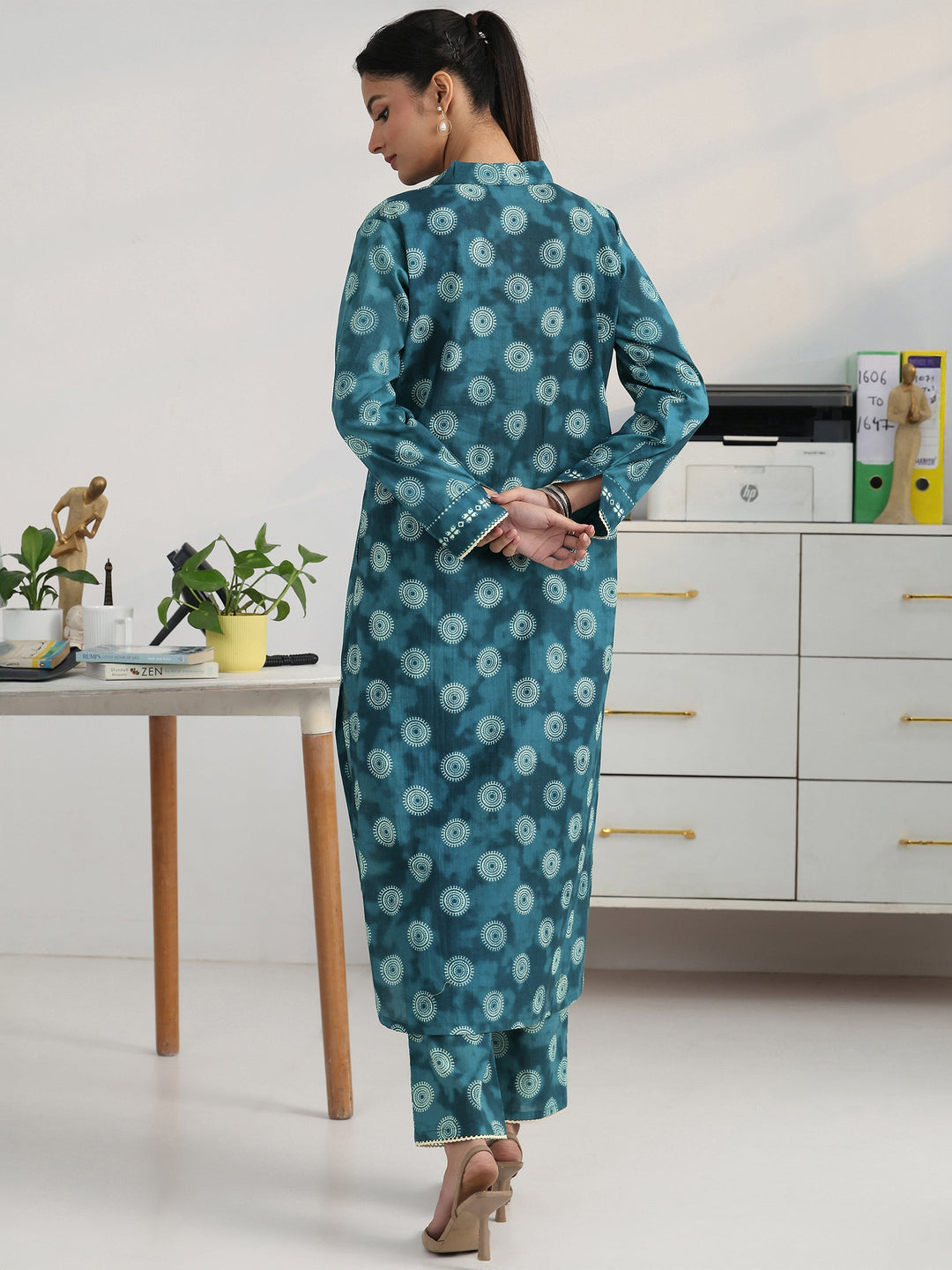 Blue Geometric Woven Design Cotton Blend Straight Kurta Set