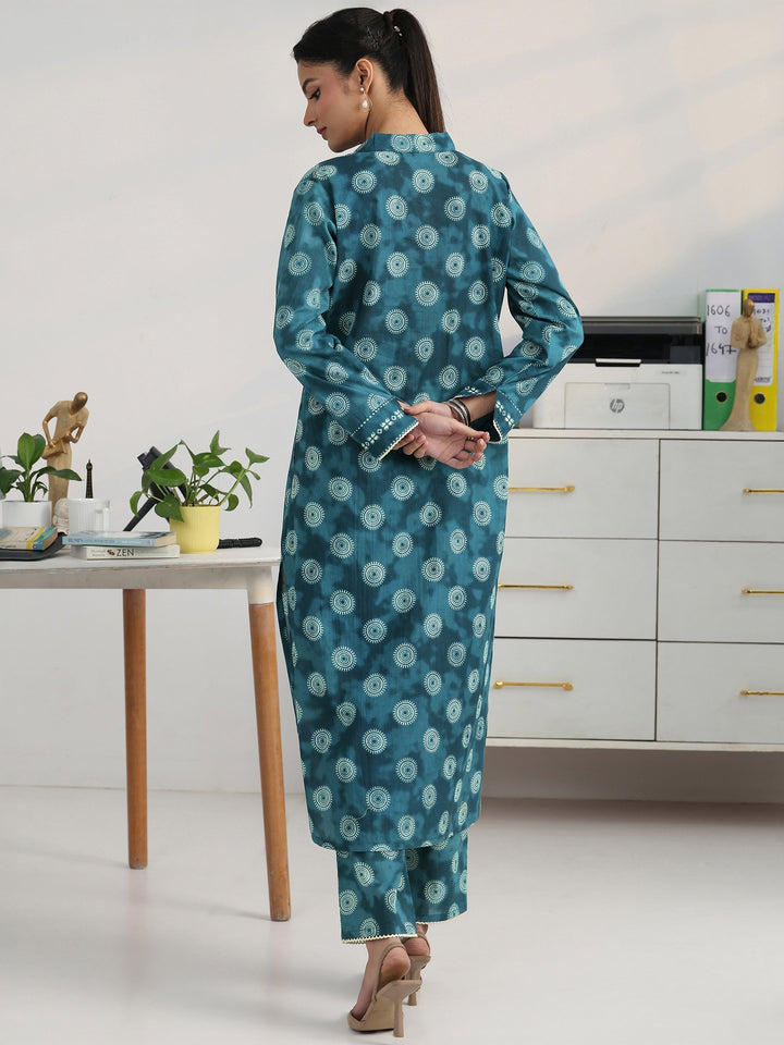 Blue Geometric Woven Design Cotton Blend Straight Kurta Set