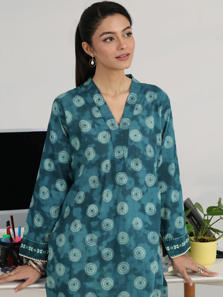 Blue Geometric Woven Design Cotton Blend Straight Kurta Set
