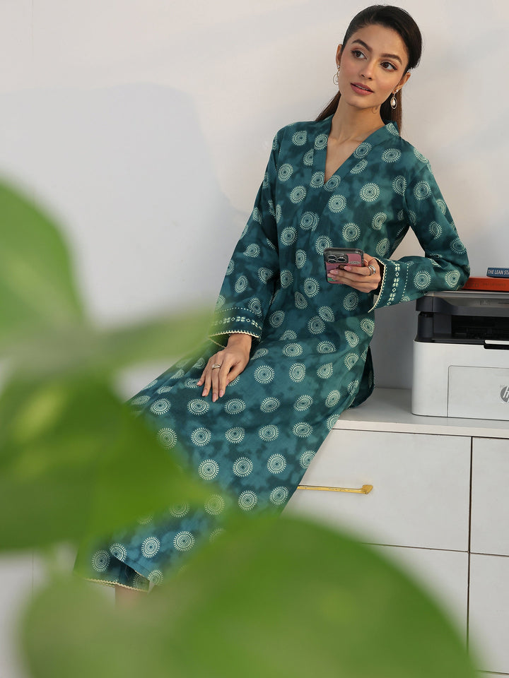 Blue Geometric Woven Design Cotton Blend Straight Kurta Set