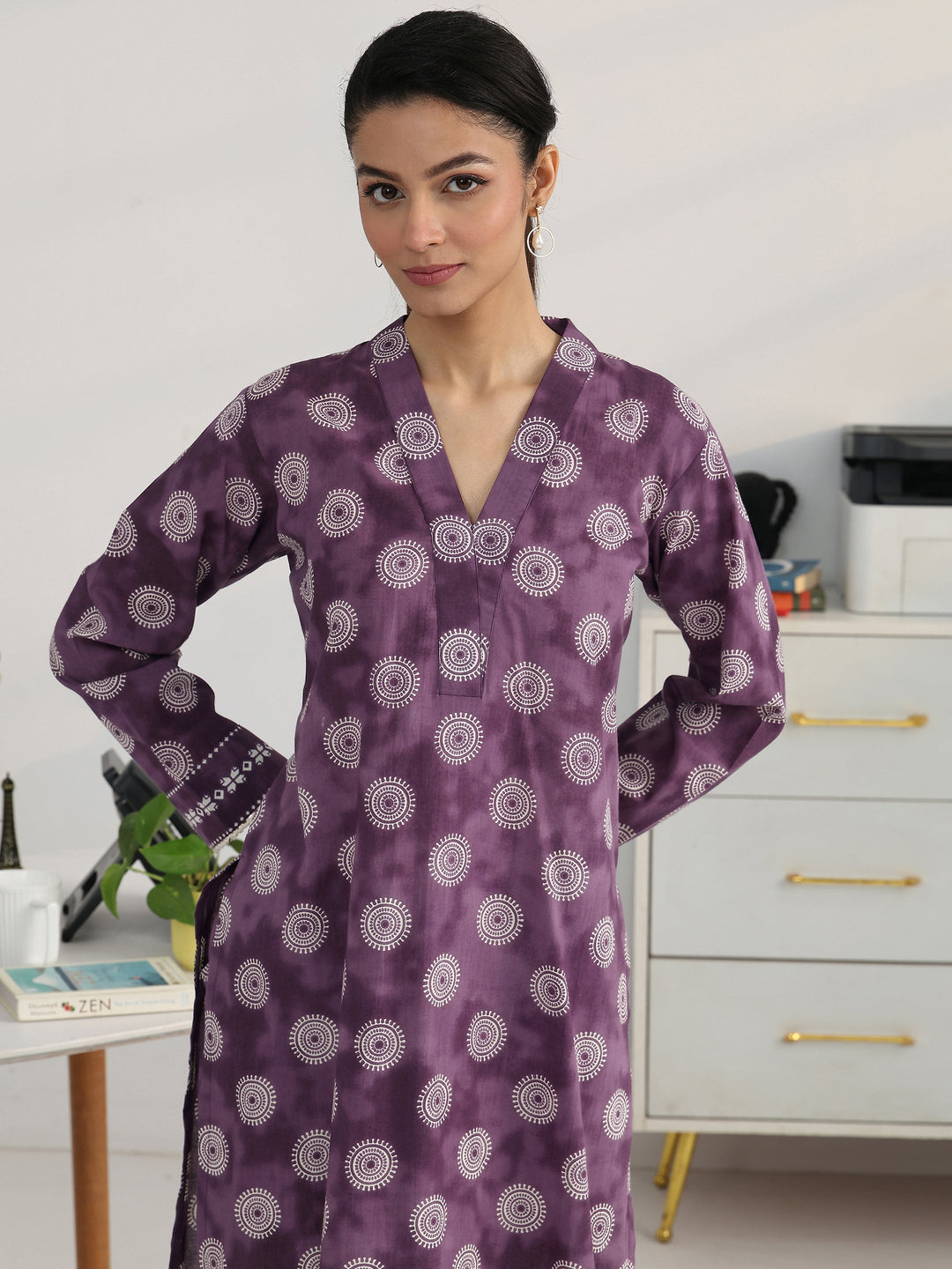 Purple Geometric Woven Design Cotton Blend Straight Kurta Set