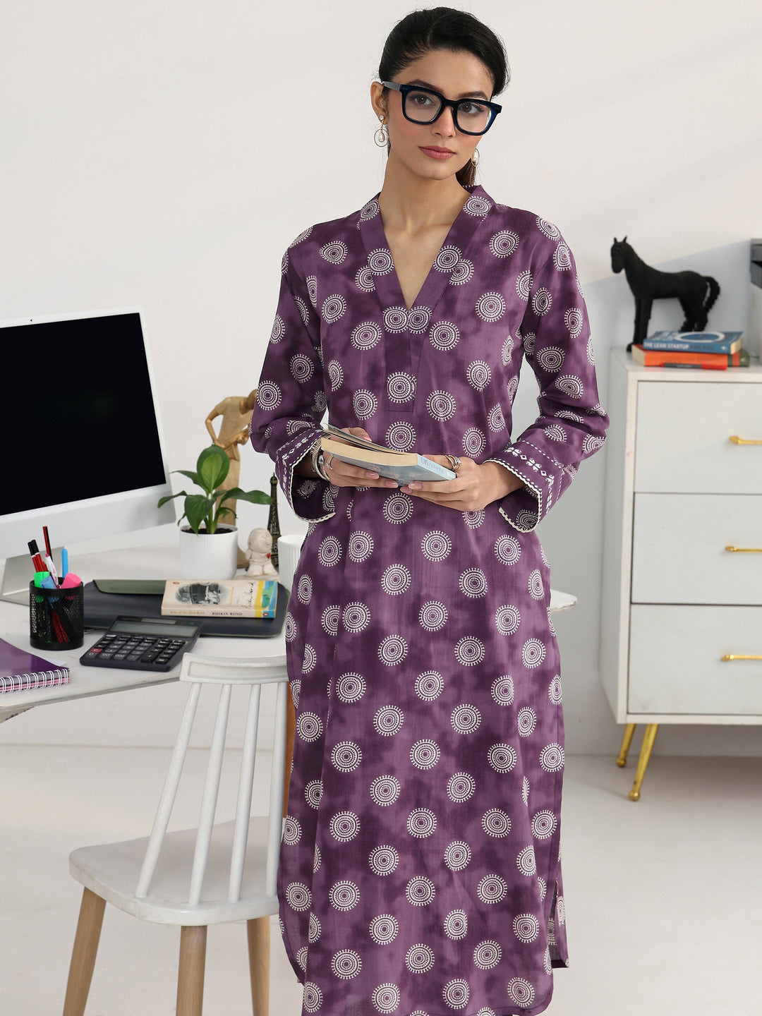 Purple Geometric Woven Design Cotton Blend Straight Kurta Set