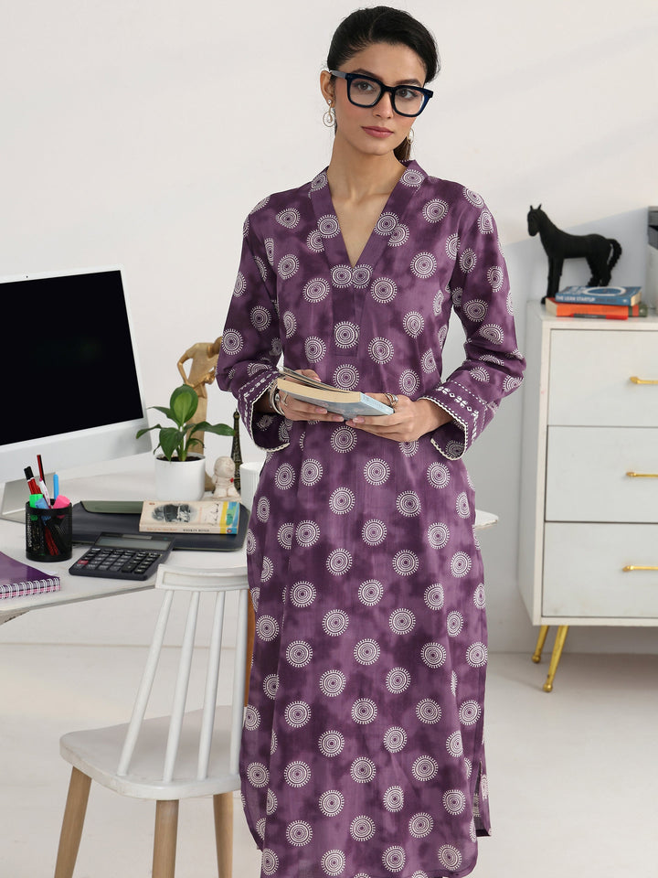 Purple Geometric Woven Design Cotton Blend Straight Kurta Set