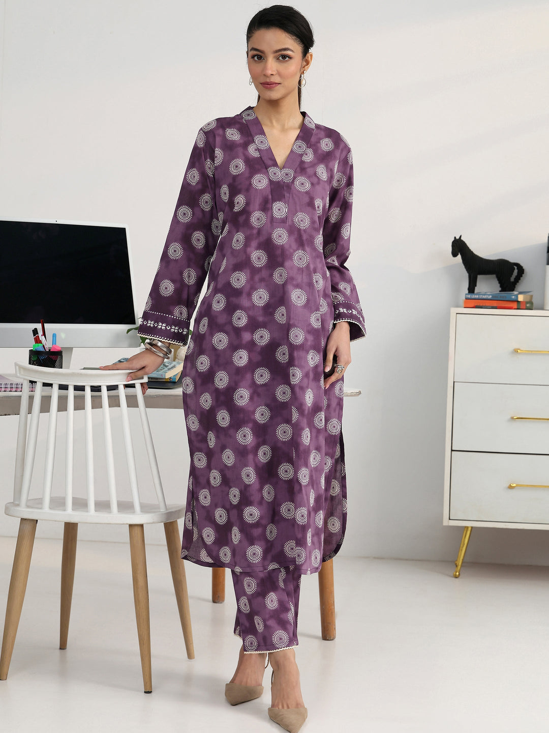 Purple Geometric Woven Design Cotton Blend Straight Kurta Set