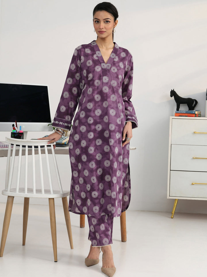 Purple Geometric Woven Design Cotton Blend Straight Kurta Set