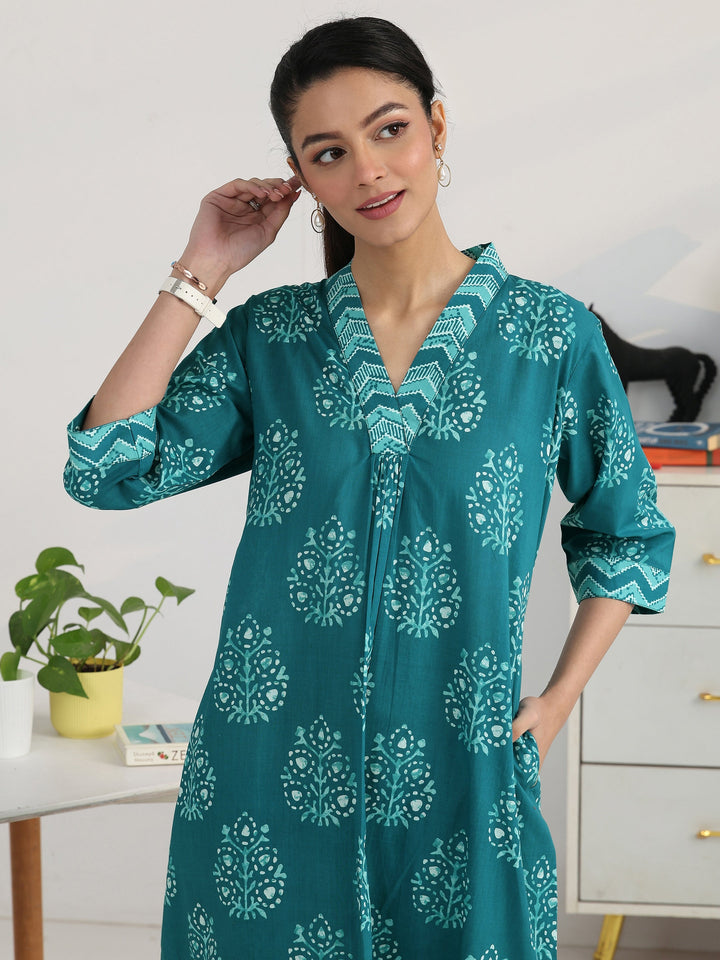 Blue Ethnic Motif Woven Design Cotton Blend A-Line Kurta Set
