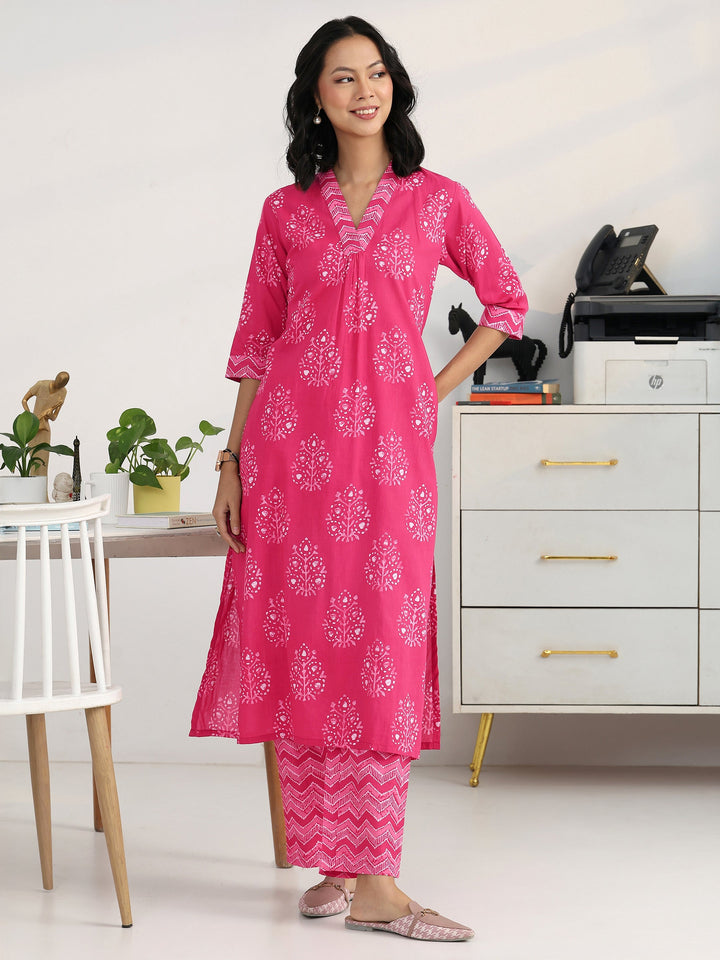 Pink Ethnic Motif Woven Design Cotton Blend Straight Kurta Set
