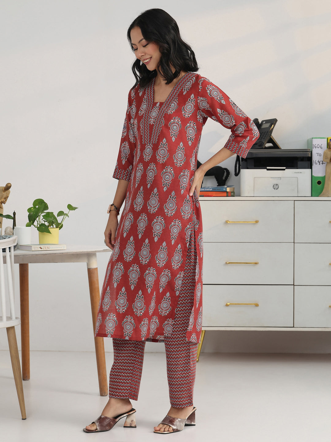 Rust Ethnic Motif Woven Design Cotton Blend Straight Kurta Set