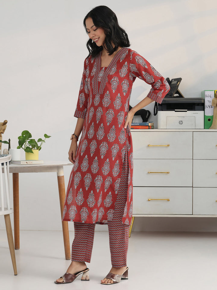 Rust Ethnic Motif Woven Design Cotton Blend Straight Kurta Set