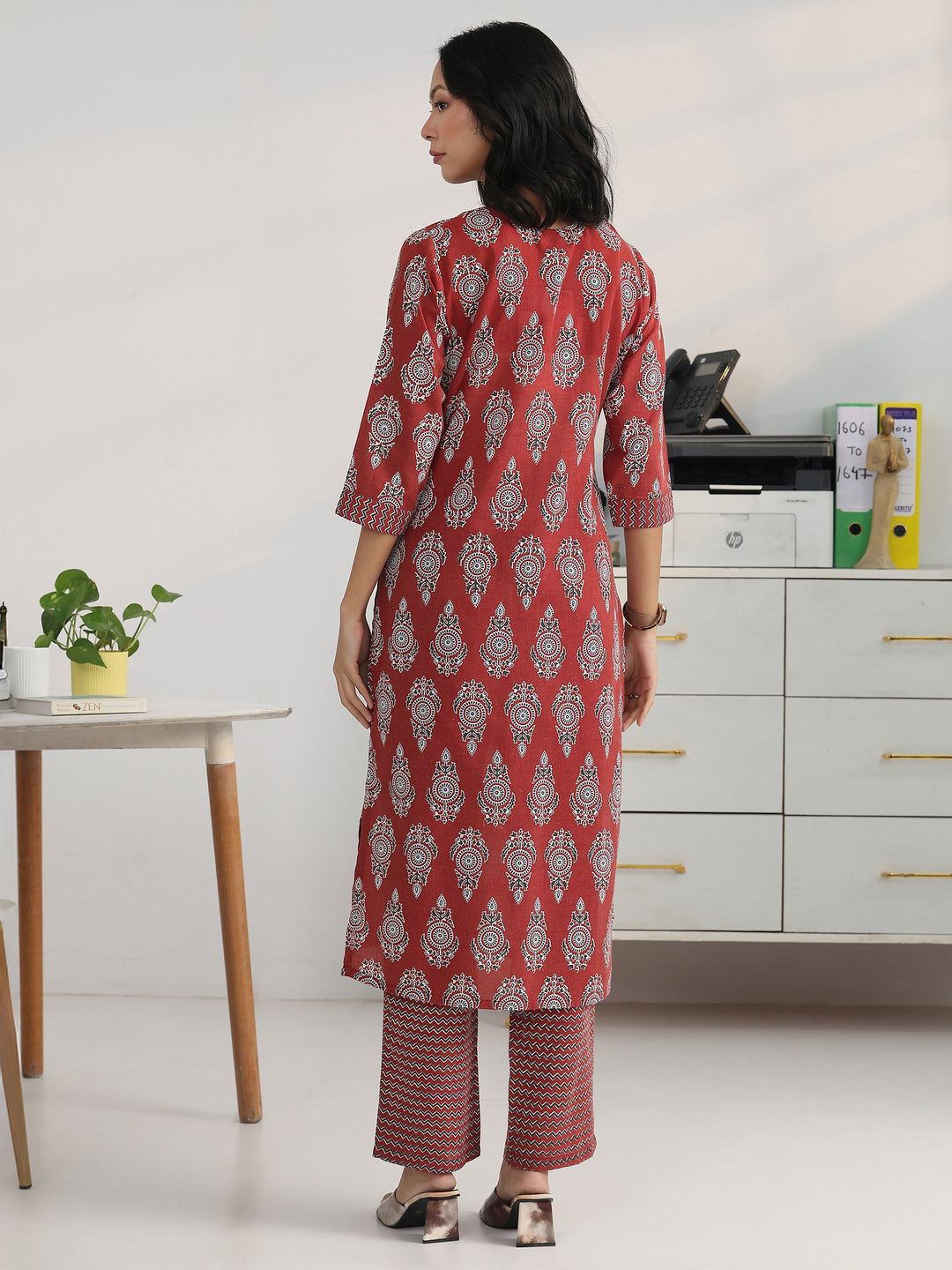 Rust Ethnic Motif Woven Design Cotton Blend Straight Kurta Set