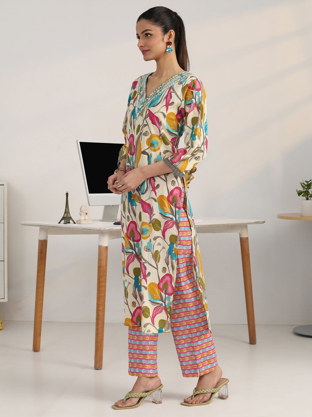 Multi Floral Woven Design Cotton Blend A-Line Suit Set With Dupatta