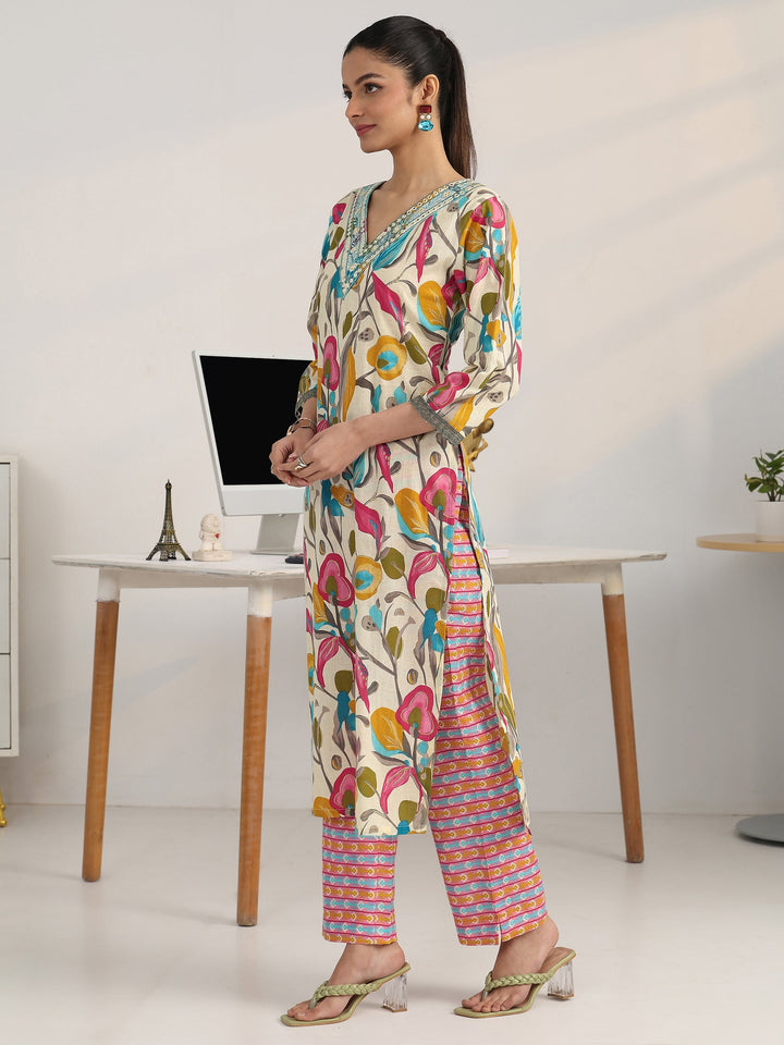 Multi Floral Woven Design Cotton Blend A-Line Suit Set With Dupatta