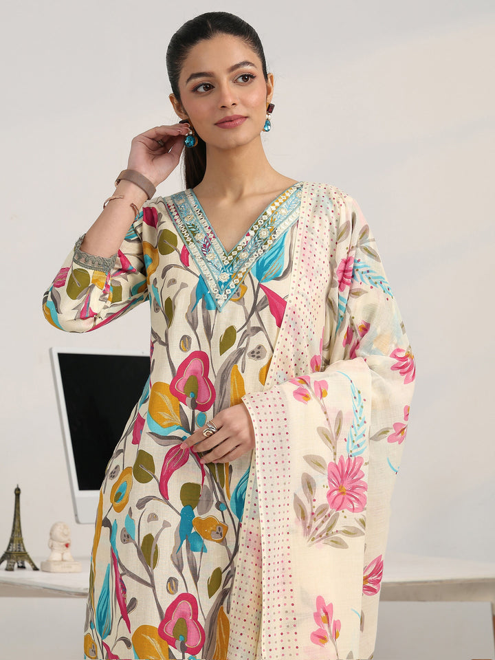Multi Floral Woven Design Cotton Blend A-Line Suit Set With Dupatta