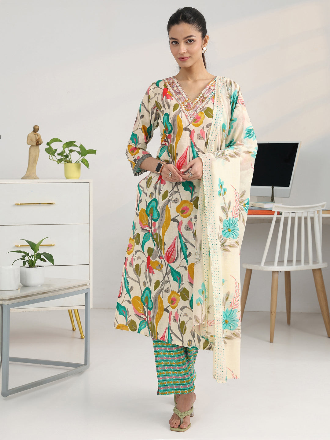 Multi Floral Woven Design Cotton Blend Straight Suit Set With Dupatta