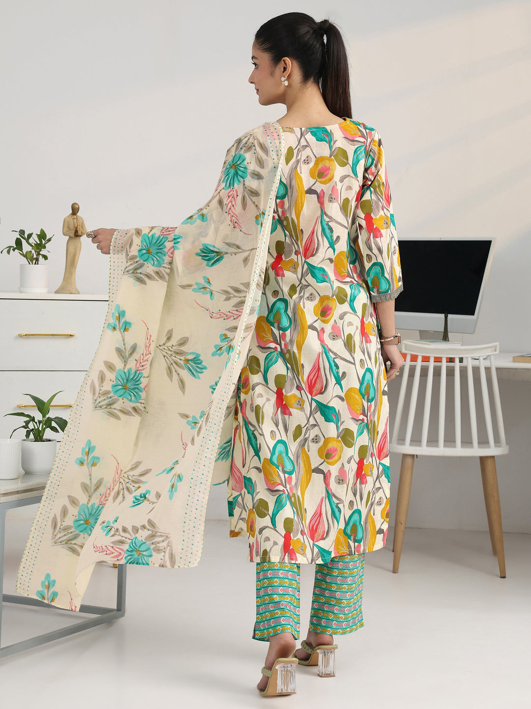 Multi Floral Woven Design Cotton Blend Straight Suit Set With Dupatta