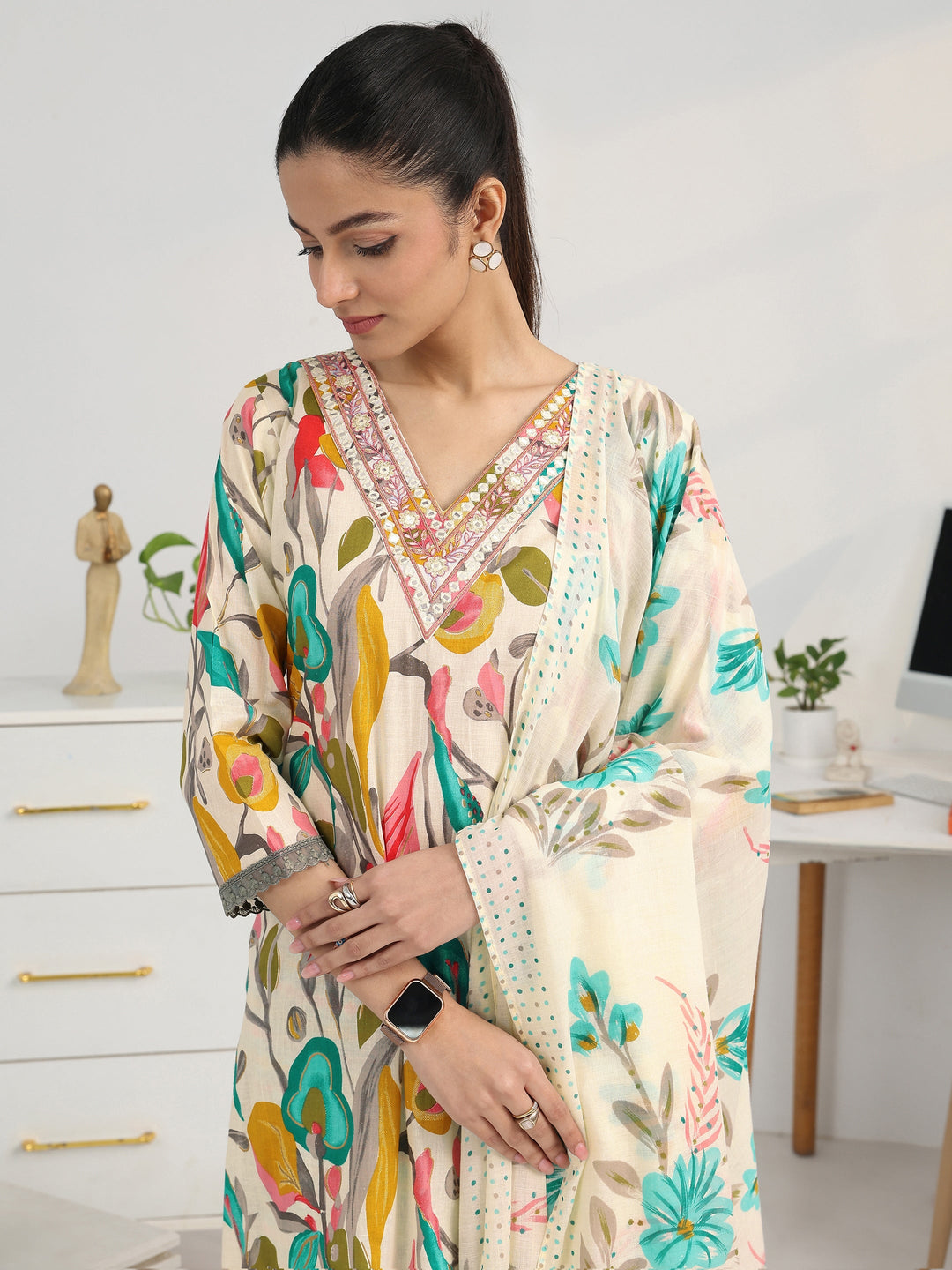 Multi Floral Woven Design Cotton Blend Straight Suit Set With Dupatta