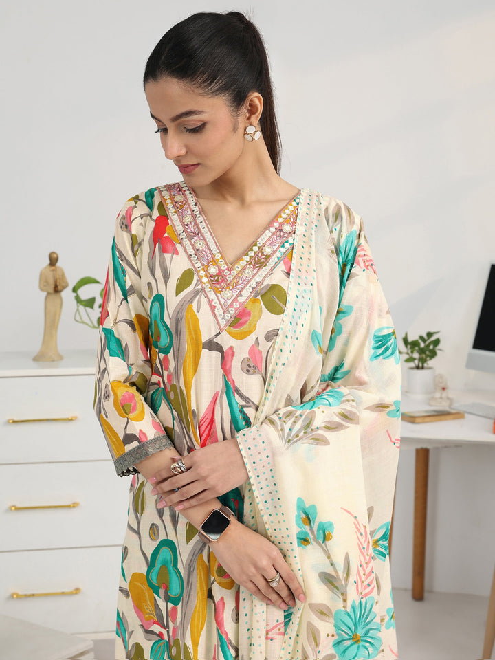 Multi Floral Woven Design Cotton Blend Straight Suit Set With Dupatta