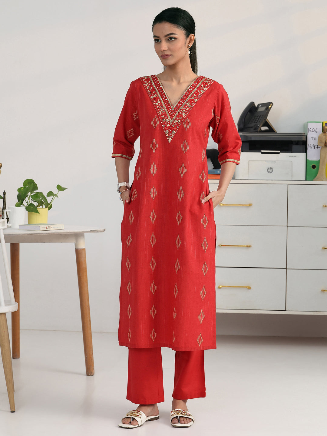 Red Geometric Woven Design Cotton Blend Straight Kurta Set