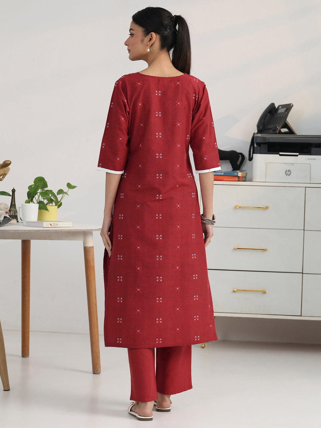 Maroon Geometric Woven Design Cotton Blend Straight Kurta Set