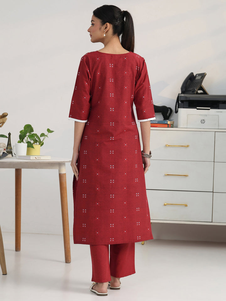 Maroon Geometric Woven Design Cotton Blend Straight Kurta Set