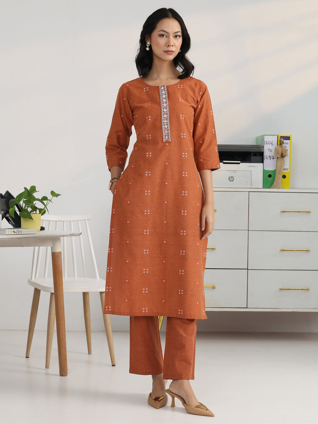 Rust Geometric Woven Design Cotton Blend Straight Kurta Set