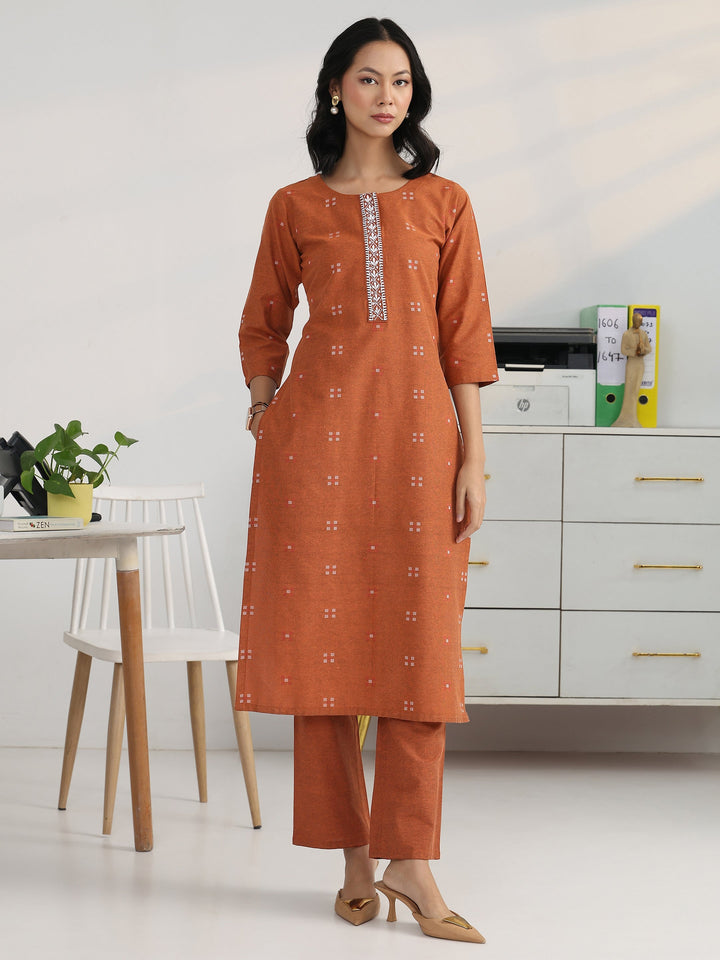 Rust Geometric Woven Design Cotton Blend Straight Kurta Set