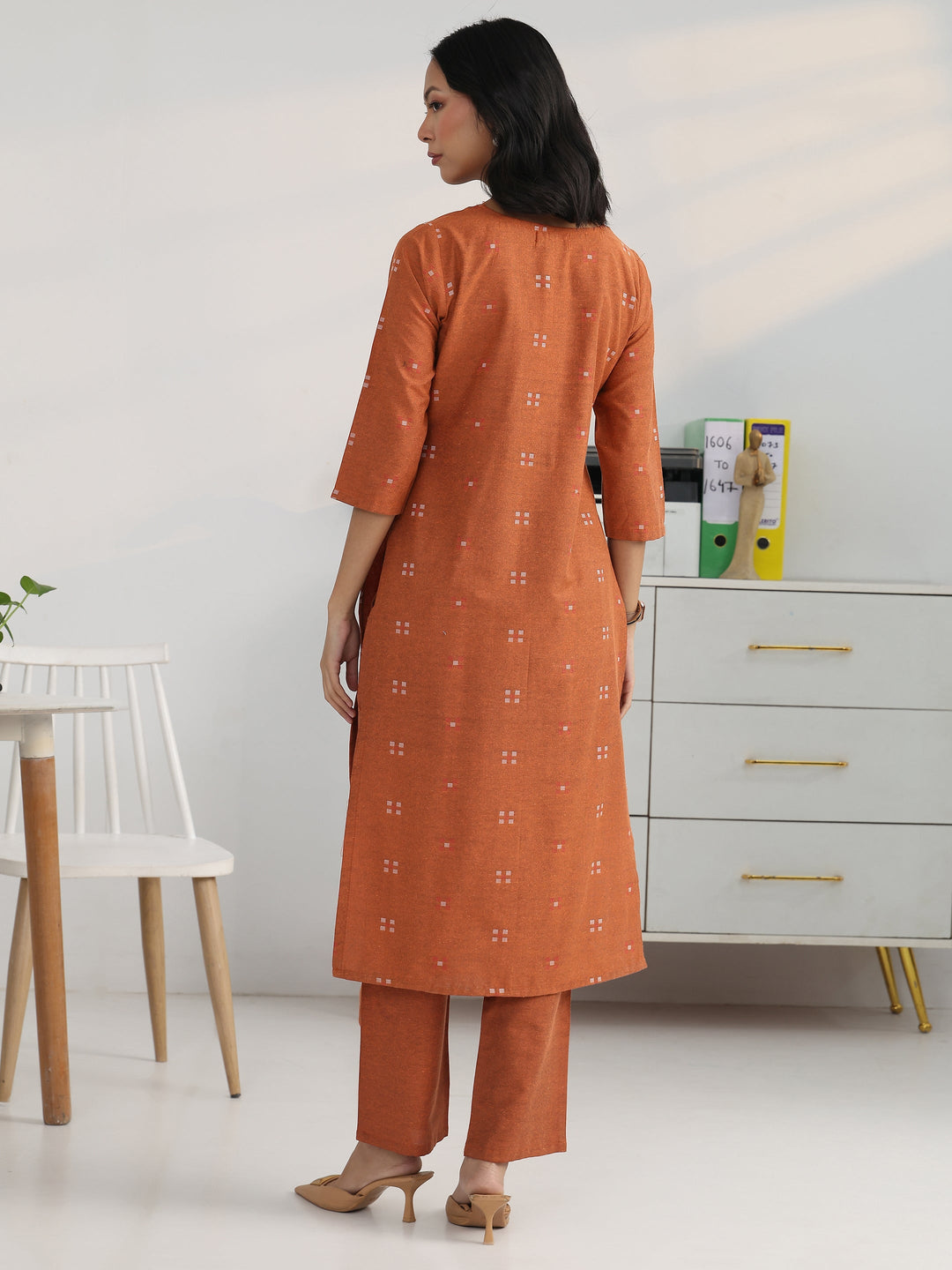 Rust Geometric Woven Design Cotton Blend Straight Kurta Set