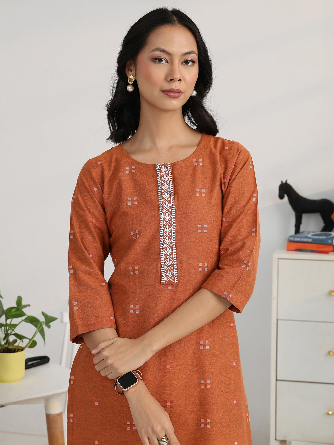 Rust Geometric Woven Design Cotton Blend Straight Kurta Set