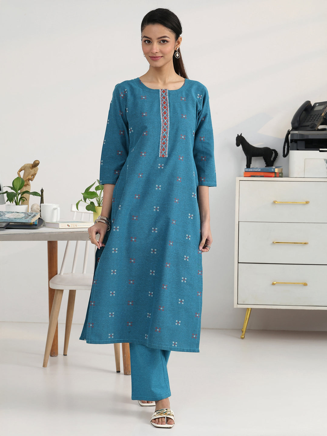 Blue Geometric Woven Design Cotton Blend Straight Kurta Set