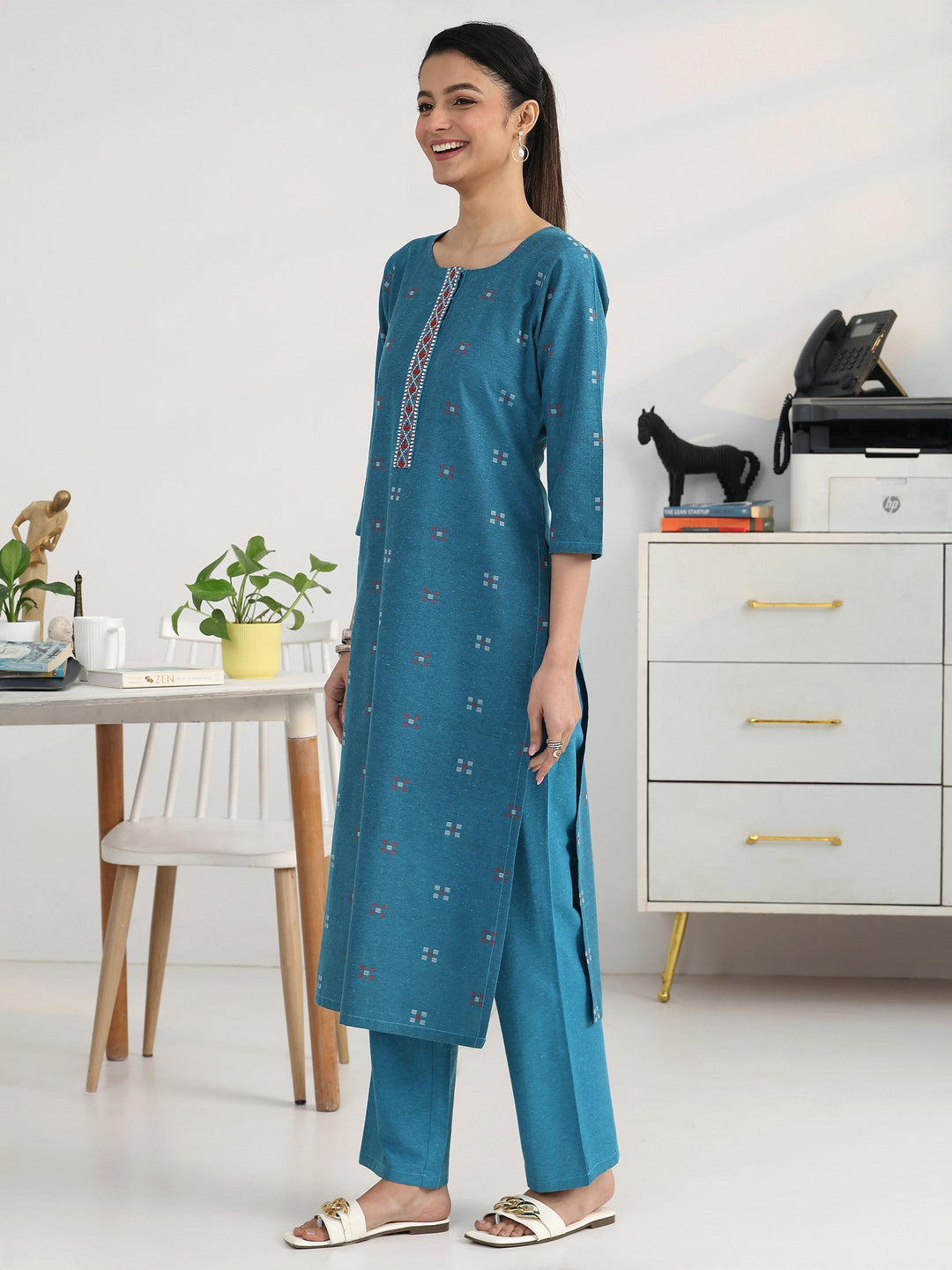 Blue Geometric Woven Design Cotton Blend Straight Kurta Set