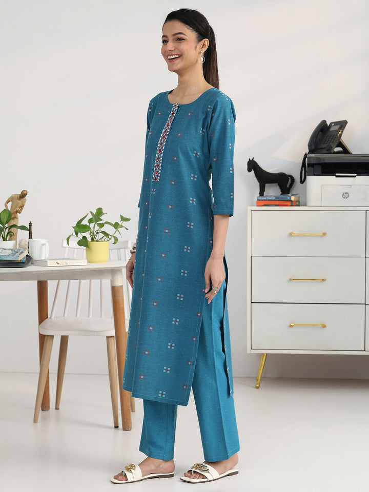 Blue Geometric Woven Design Cotton Blend Straight Kurta Set