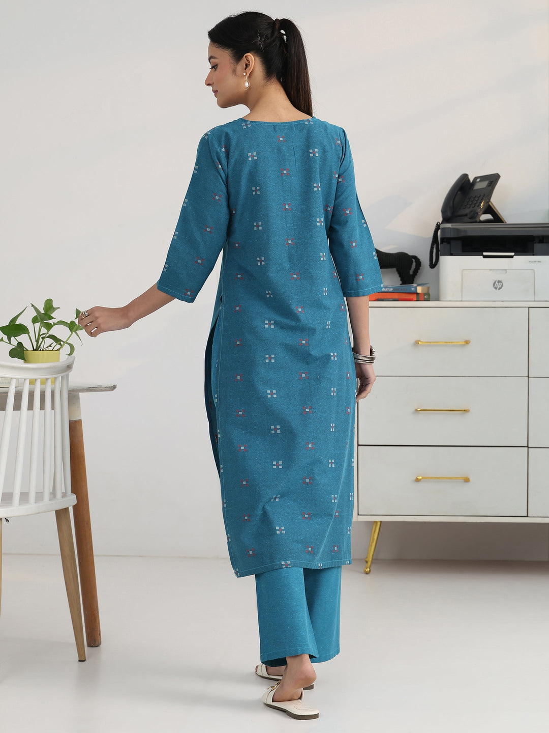 Blue Geometric Woven Design Cotton Blend Straight Kurta Set