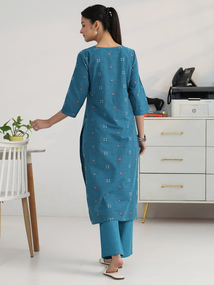Blue Geometric Woven Design Cotton Blend Straight Kurta Set