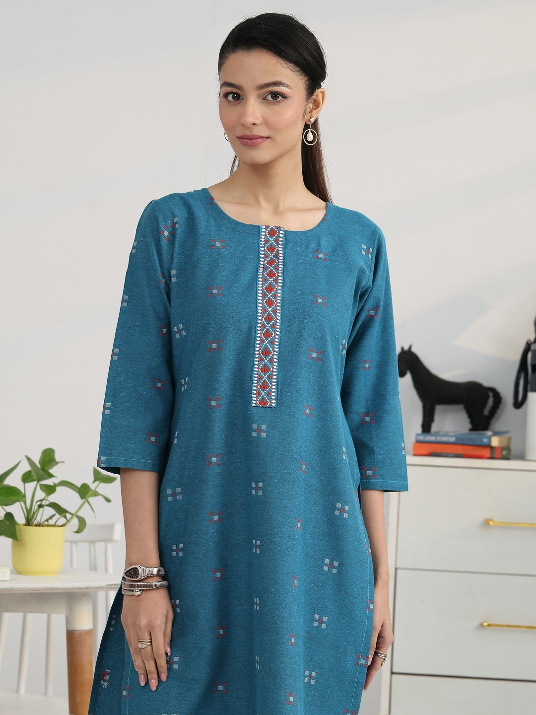 Blue Geometric Woven Design Cotton Blend Straight Kurta Set