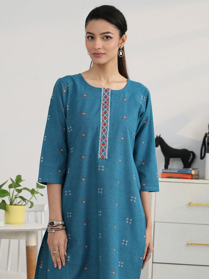 Blue Geometric Woven Design Cotton Blend Straight Kurta Set