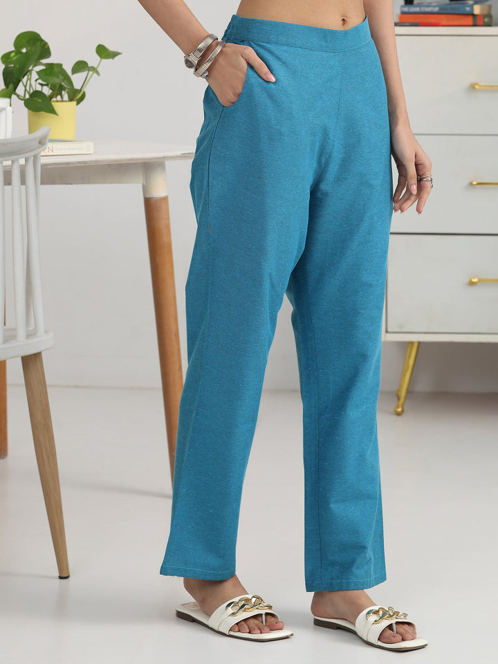 Blue Geometric Woven Design Cotton Blend Straight Kurta Set