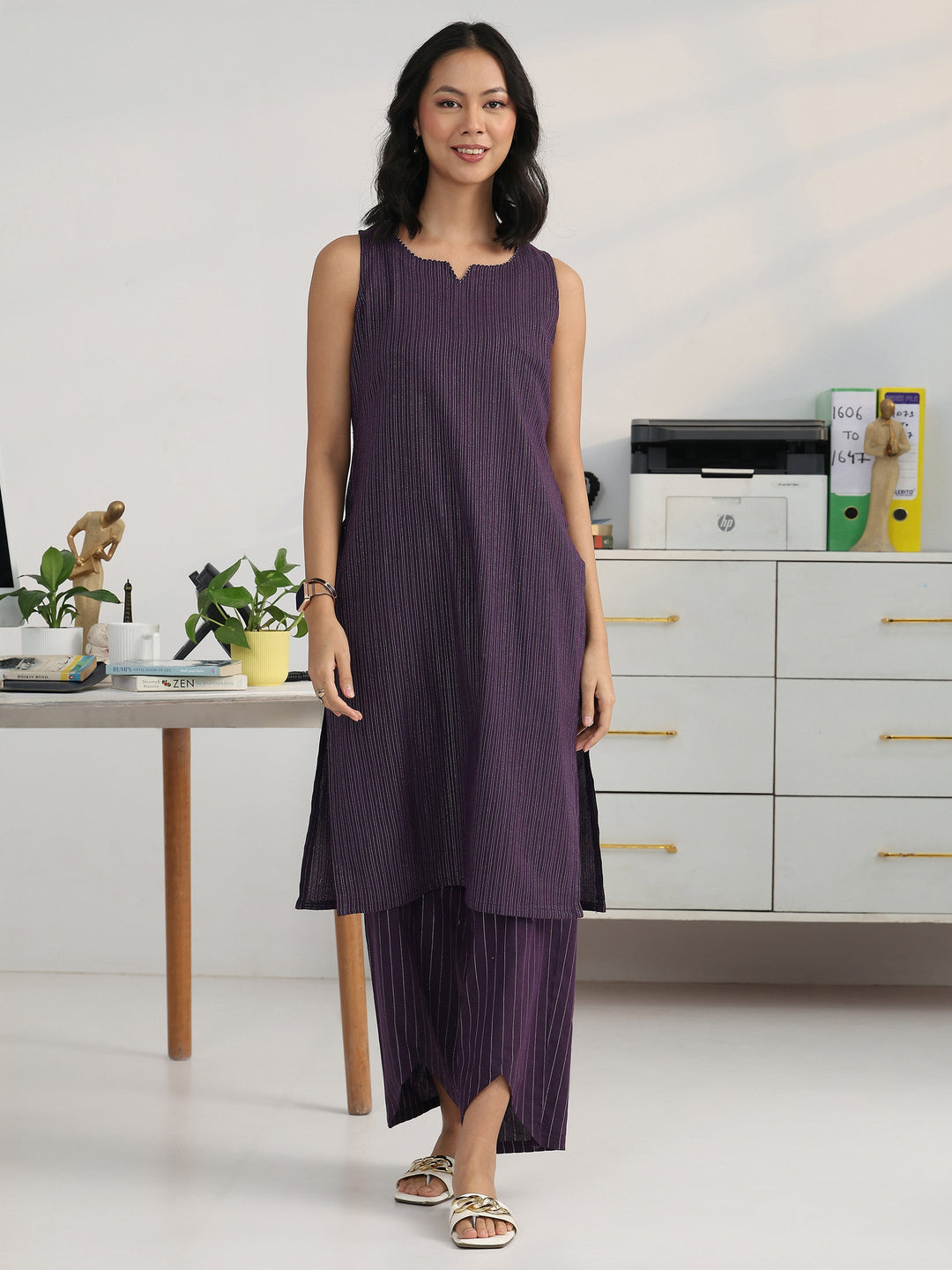 Purple Solid Cotton Blend Straight Kurta Set