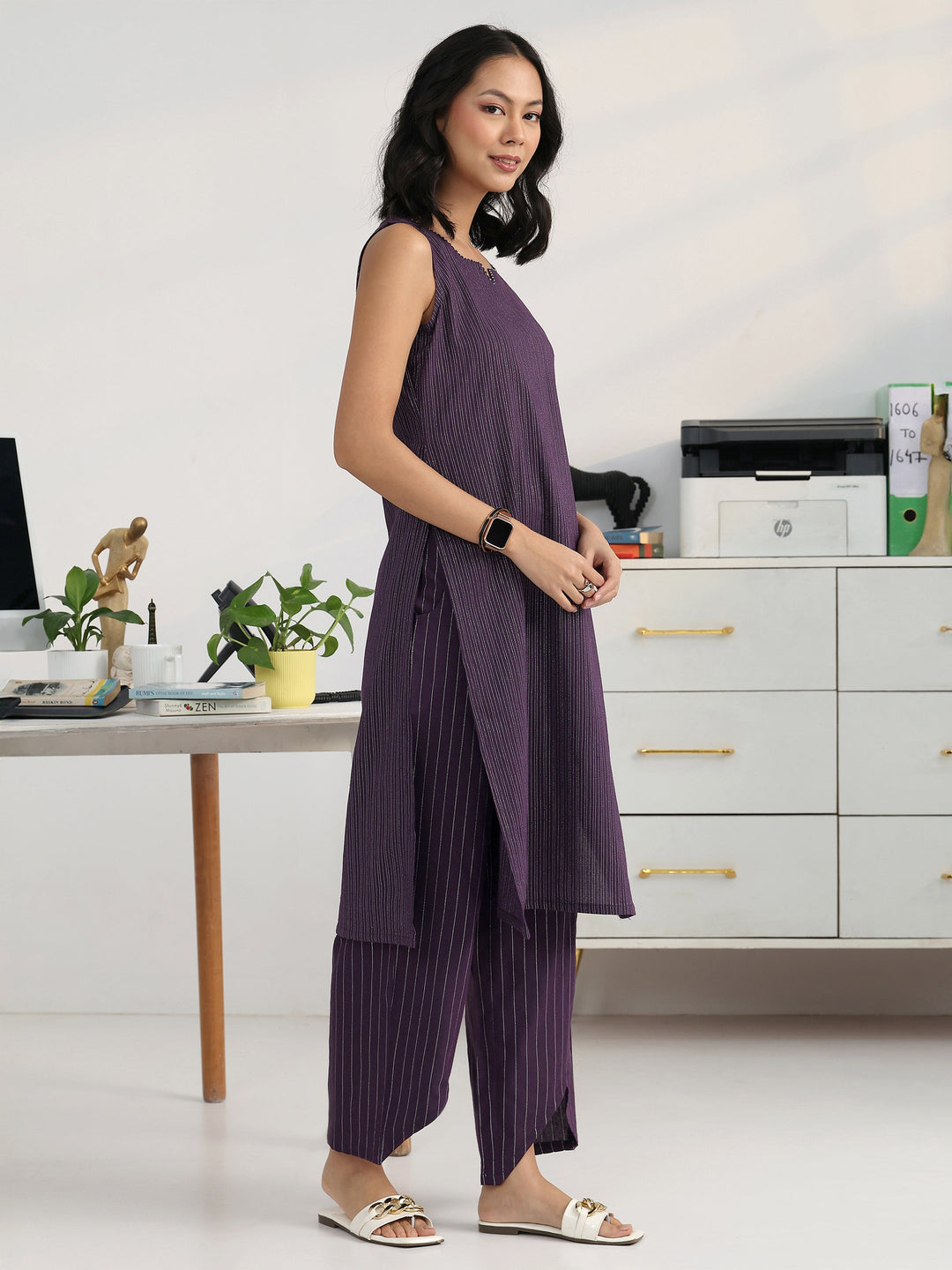 Purple Solid Cotton Blend Straight Kurta Set