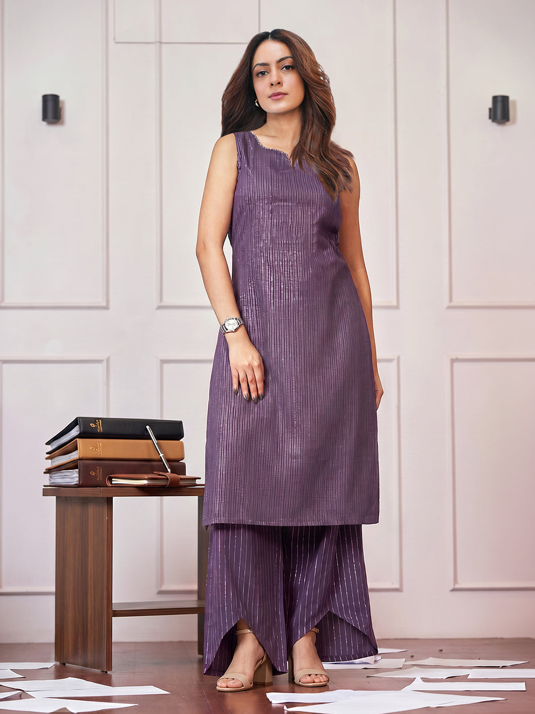 Gerua Anya-Cut Purple Striped Cotton Blend Suit Set