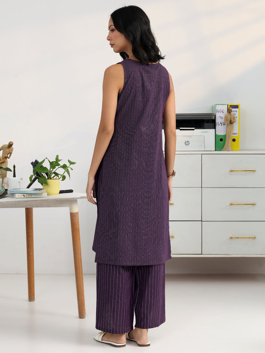 Purple Solid Cotton Blend Straight Kurta Set