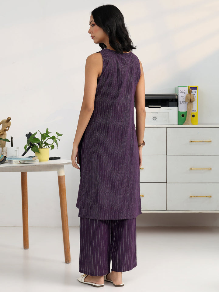 Purple Solid Cotton Blend Straight Kurta Set