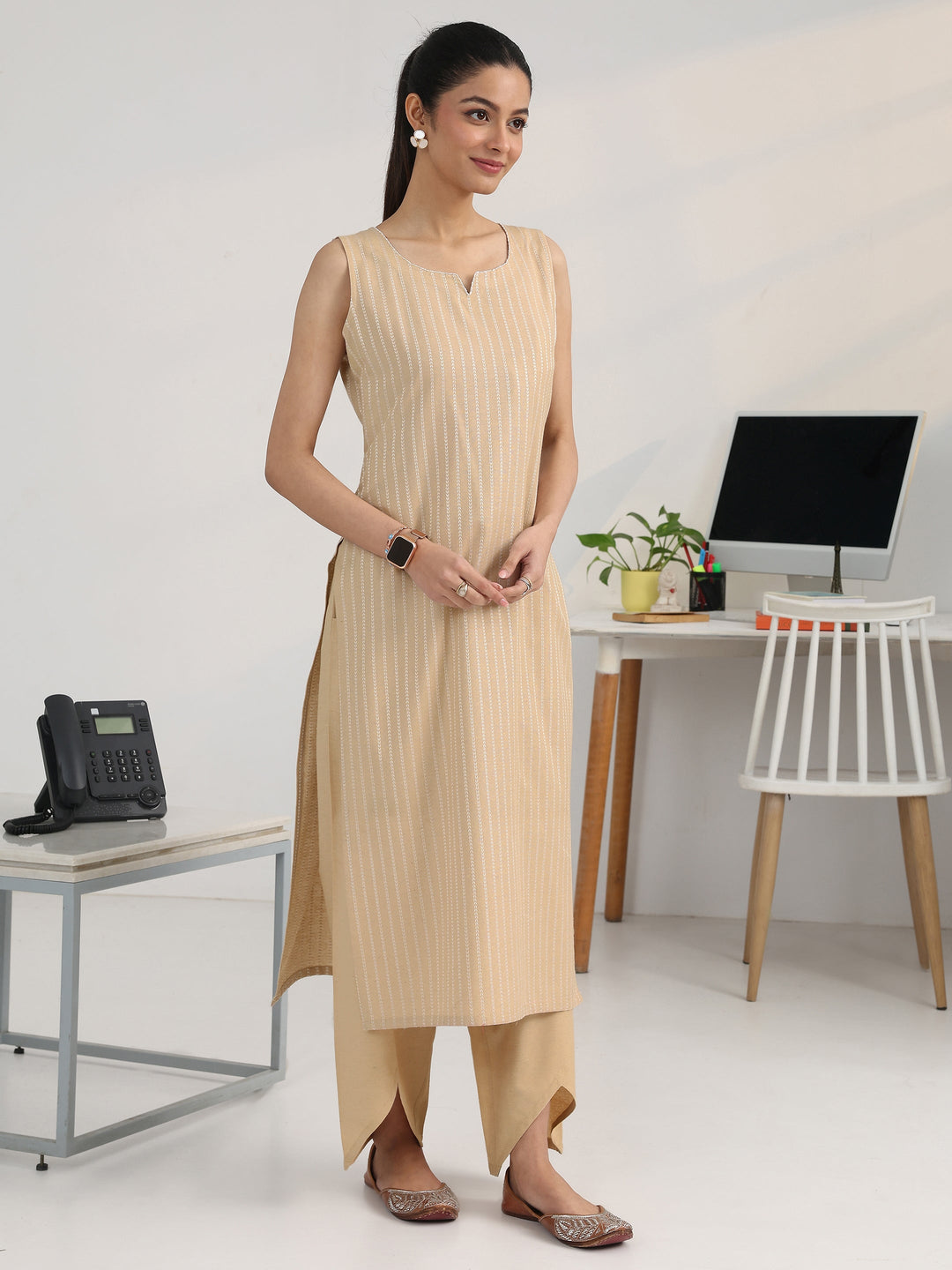 Cream Striped Woven Design Cotton Blend Straight Suit Set With Dupatta